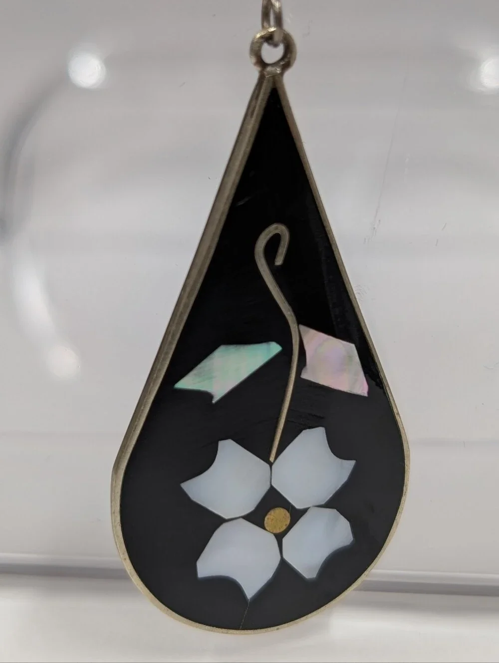 Vintage Alpaca Mexico Teardrop Black Flower Inlay Dangle Earrings